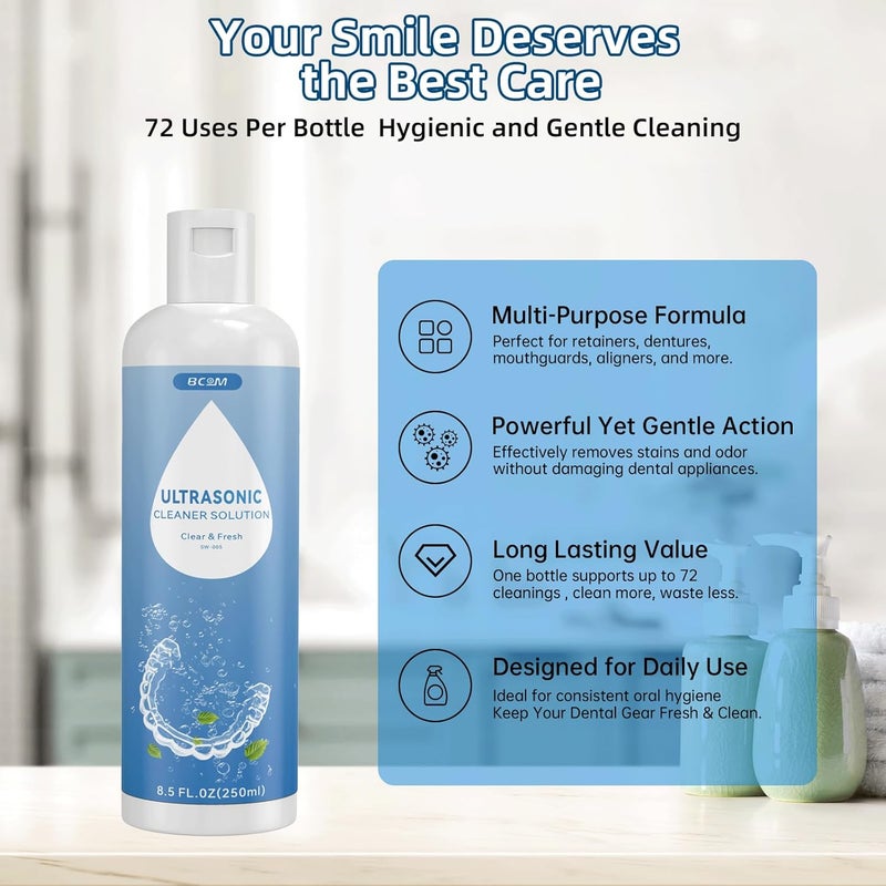 Bcom Ultrasonic Retainer Cleaner Solution, Jewelry Cleaner Solution Deep Clean for Retainer, Mouthguards, Night Guards, Aligners and Jewelry Ring, Odor Stain Remover for Ultrasonic Machines (8.5 oz) - Image 5